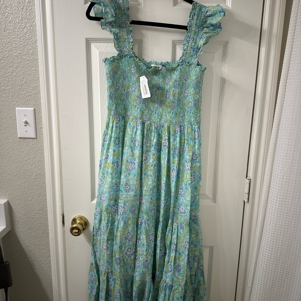 RIXO Green Blue Floral Maxi Dress